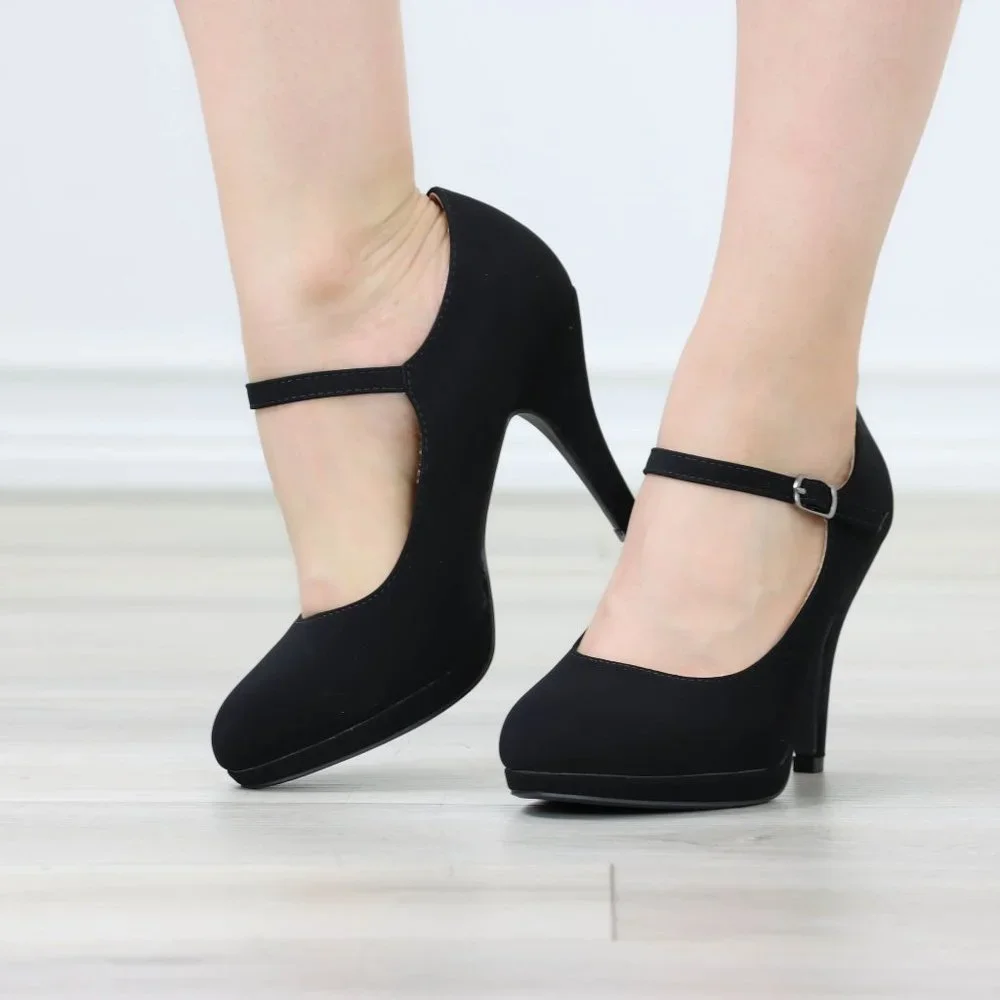 Black Rockabilly High Heels Ankle Strap Round Toe Classic Pumps Nubuck - Picture 1 of 12